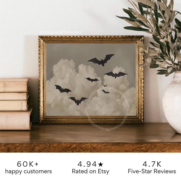 Vintage Style Halloween Wall Art Neutral Fall Bat Prints Clouds Spooky Home Decor A497 Print