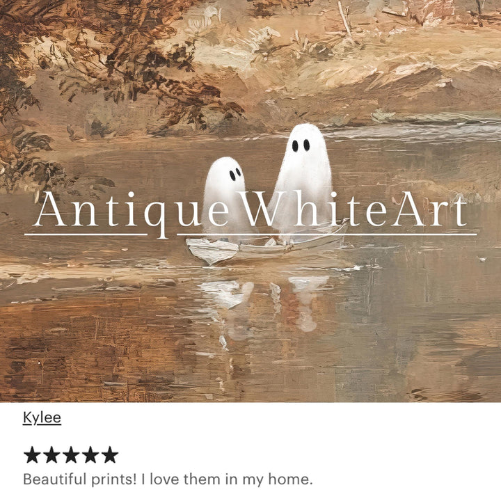 Cute Ghosts in a Boat Wall Art Halloween Print Autumn Painting Spooky Ghost Moody Fall Decor A496
