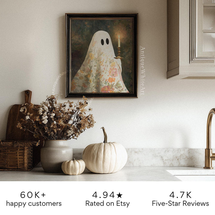Cute Ghost Holding Candle Wall Art Halloween Print Cottagecore Nursery Spooky Moody Dark Academia Decor A521