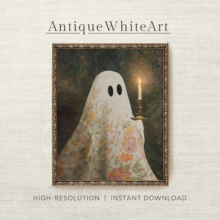 Cute Ghost Holding Candle Wall Art Halloween Print Cottagecore Nursery Spooky Moody Dark Academia Decor A521