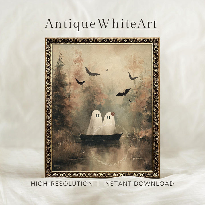 Cute Ghosts in a Boat Wall Art Vintage Style Halloween Print Moody Fall Landscape Painting Spooky Ghost Cottagecore A520