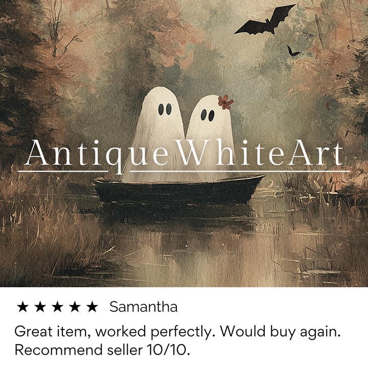 Cute Ghosts in a Boat Wall Art Vintage Style Halloween Print Moody Fall Landscape Painting Spooky Ghost Cottagecore A520