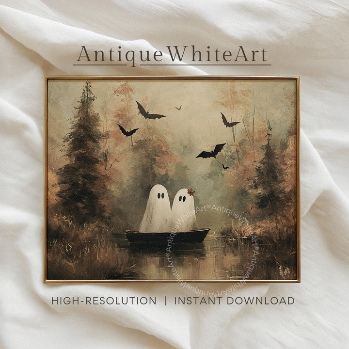 Vintage Style Halloween Print Cute Ghosts in a Boat Wall Art Moody Fall Landscape Spooky Ghost Cottagecore A519