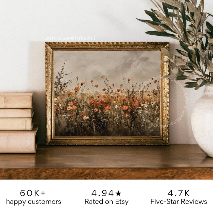 Fall Wildflowers Wall Art Muted Vintage Style Meadow Painting Rustic Farmhouse Decor Autumn Prints Floral A523 Print