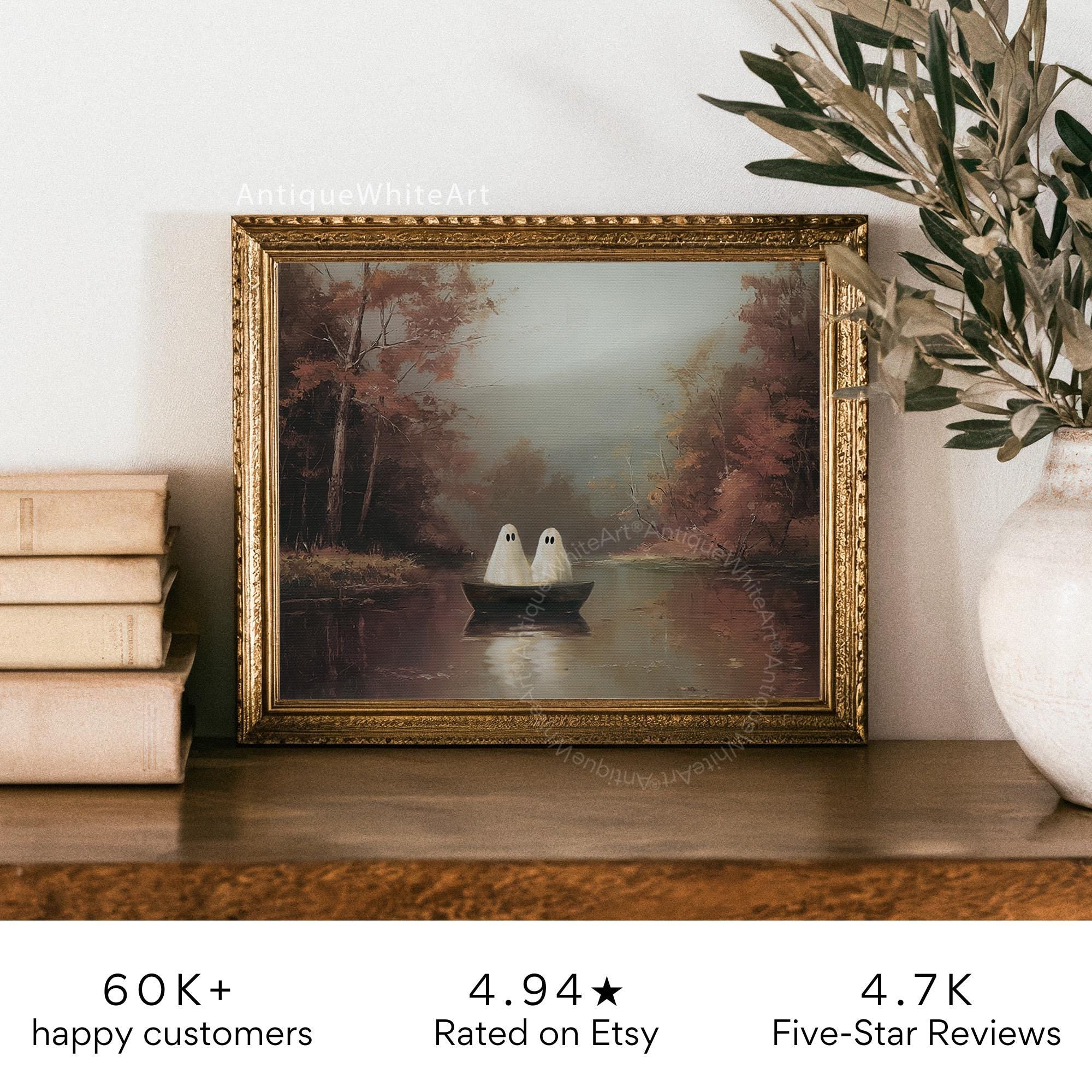 Vintage Style Halloween Print Cute Ghosts in a Boat Wall Art Burgundy Moody Fall Landscape Painting Spooky A517