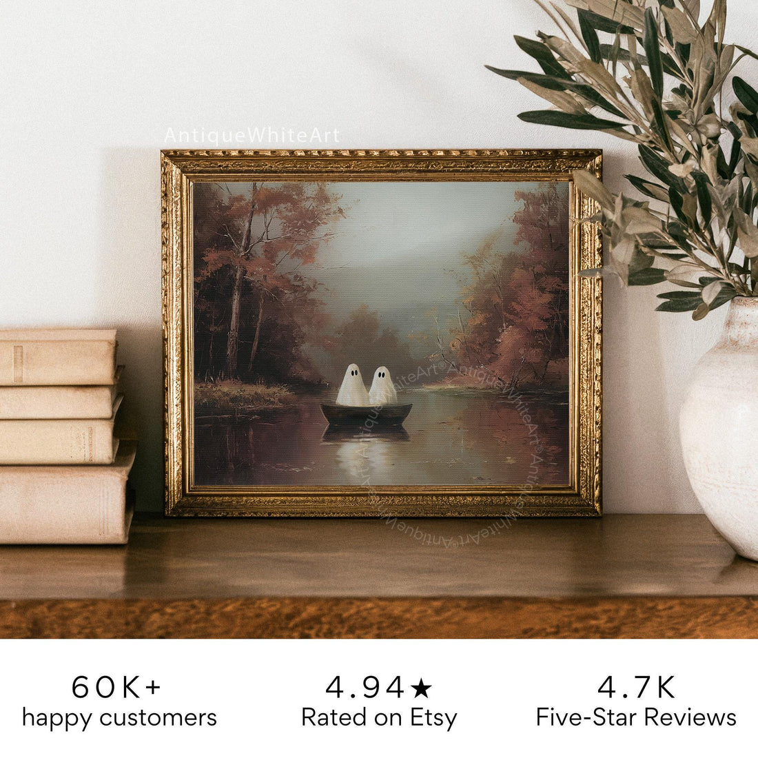 Vintage Style Halloween Print Cute Ghosts in a Boat Wall Art Burgundy Moody Fall Landscape Painting Spooky A517