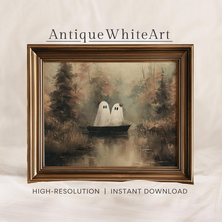 Vintage Style Halloween Print Cute Ghosts in a Boat Wall Art Moody Fall Landscape Spooky Ghost Cottagecore A518