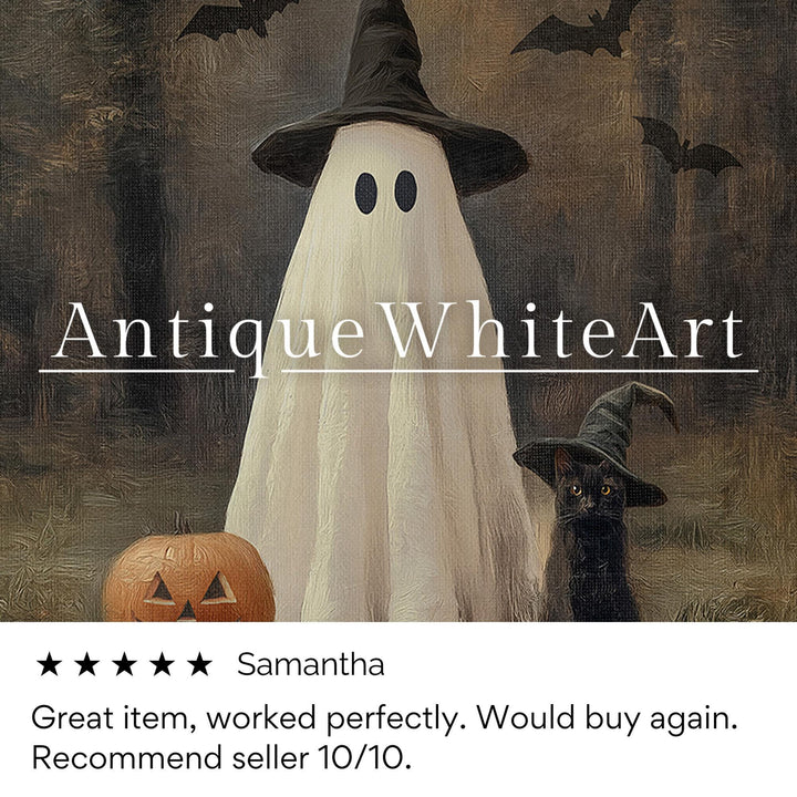 Vintage Style Halloween Print Cute Ghost and Black Cat in Dark Forest Wall Art Spooky Moody Fall Decor A513