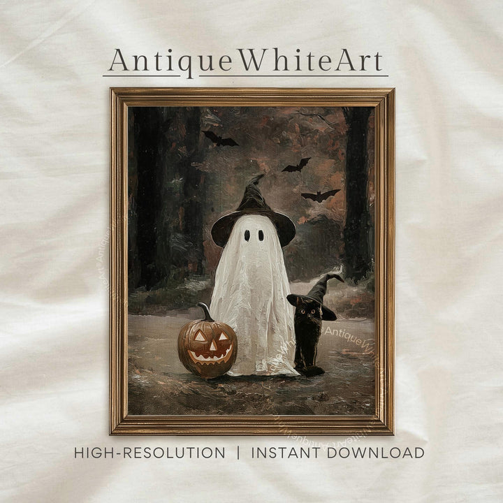 Spooky Halloween Wall Art Ghost in Vintage Style Landscape Print Rustic Decor Painting Fall Season A514