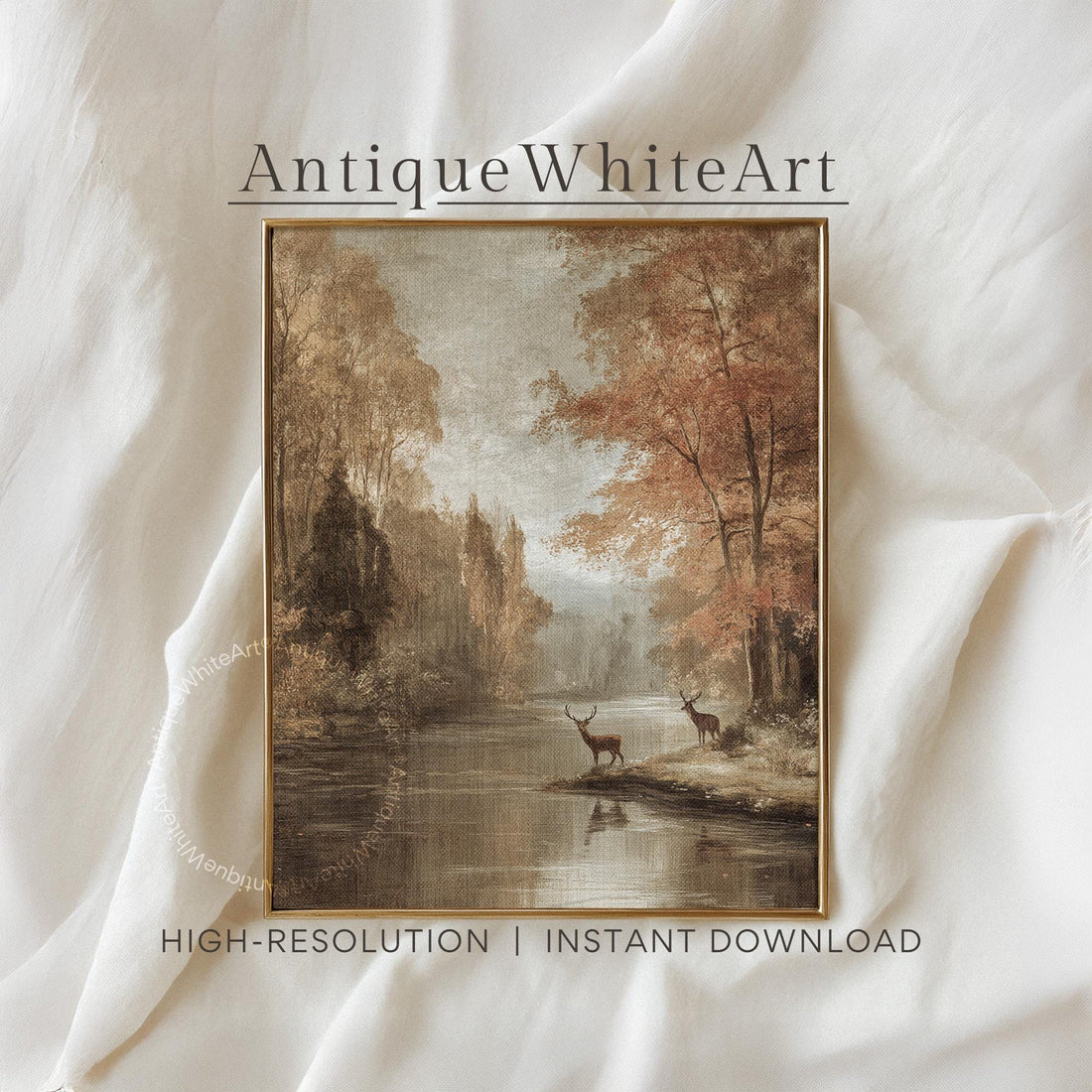 Fall Wall Art Landscape Print Deer Painting Neutral Decor Seasonal Autumn A469