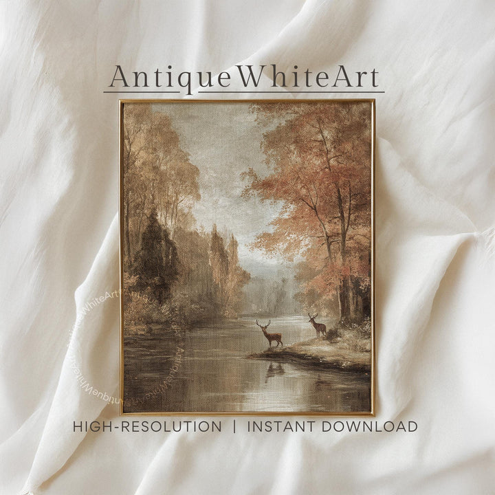Fall Wall Art Landscape Print Deer Painting Neutral Decor Seasonal Autumn A469
