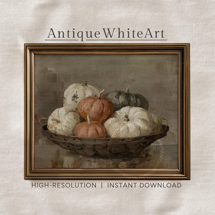 Rustic Pumpkin Print Vintage Style Fall Wall Art Autumn Still Life Oil Painting Moody Halloween Decor A526