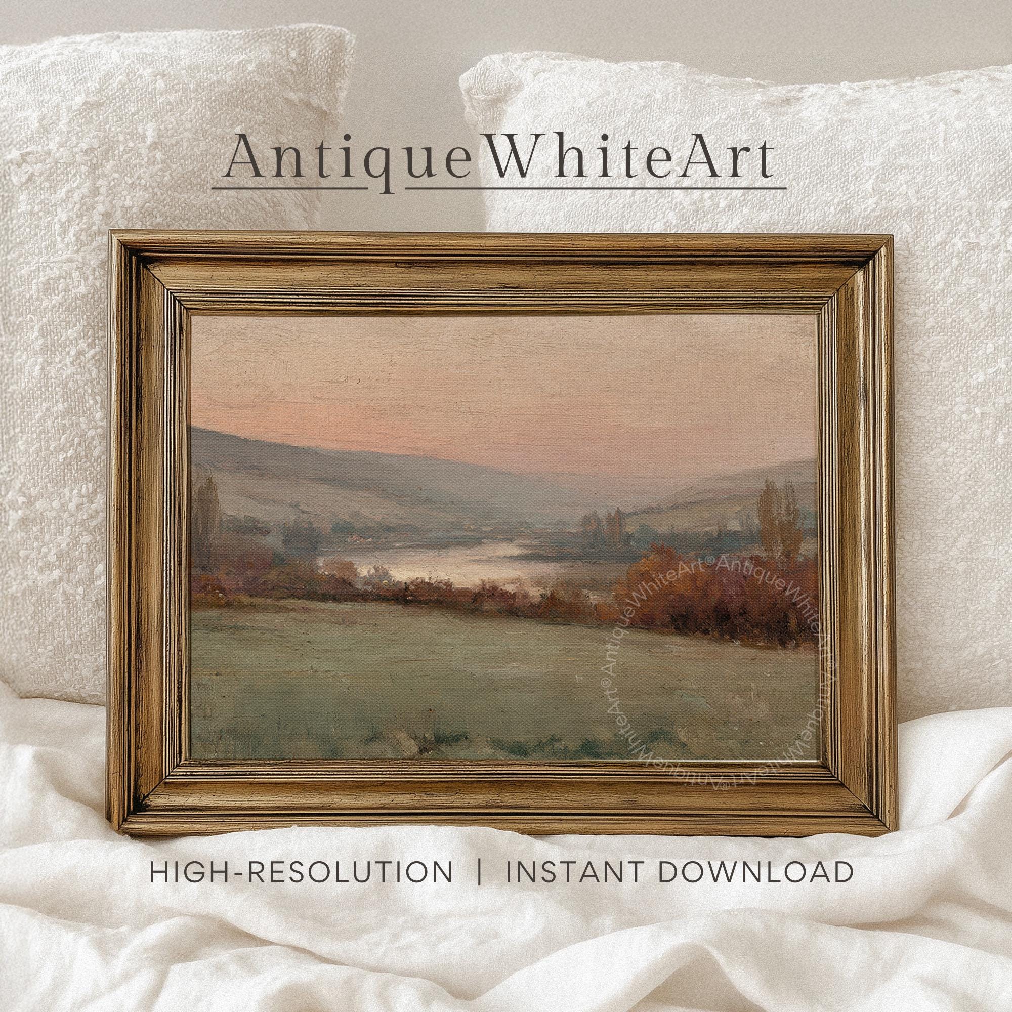 Vintage Style Fall Wall Art Muted Country Landscape Print Autumn Oil Painting Sunset AntiqueWhiteArt A465