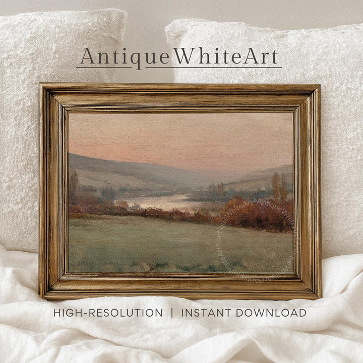 Vintage Style Fall Wall Art Muted Country Landscape Print Autumn Oil Painting Sunset AntiqueWhiteArt A465
