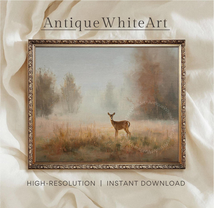 Hazy Fall Wall Art Baby Deer in Landscape Print Moody Decor Seasonal Prints Autumn A478