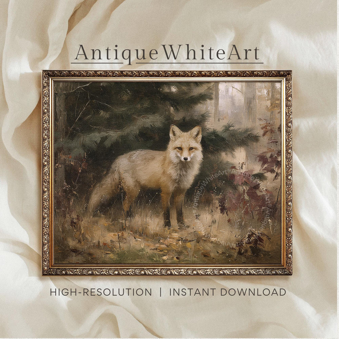 fox in Fall Landscape Painting Woodland Autumn Wall Decor Print Moody Forest A480 Art