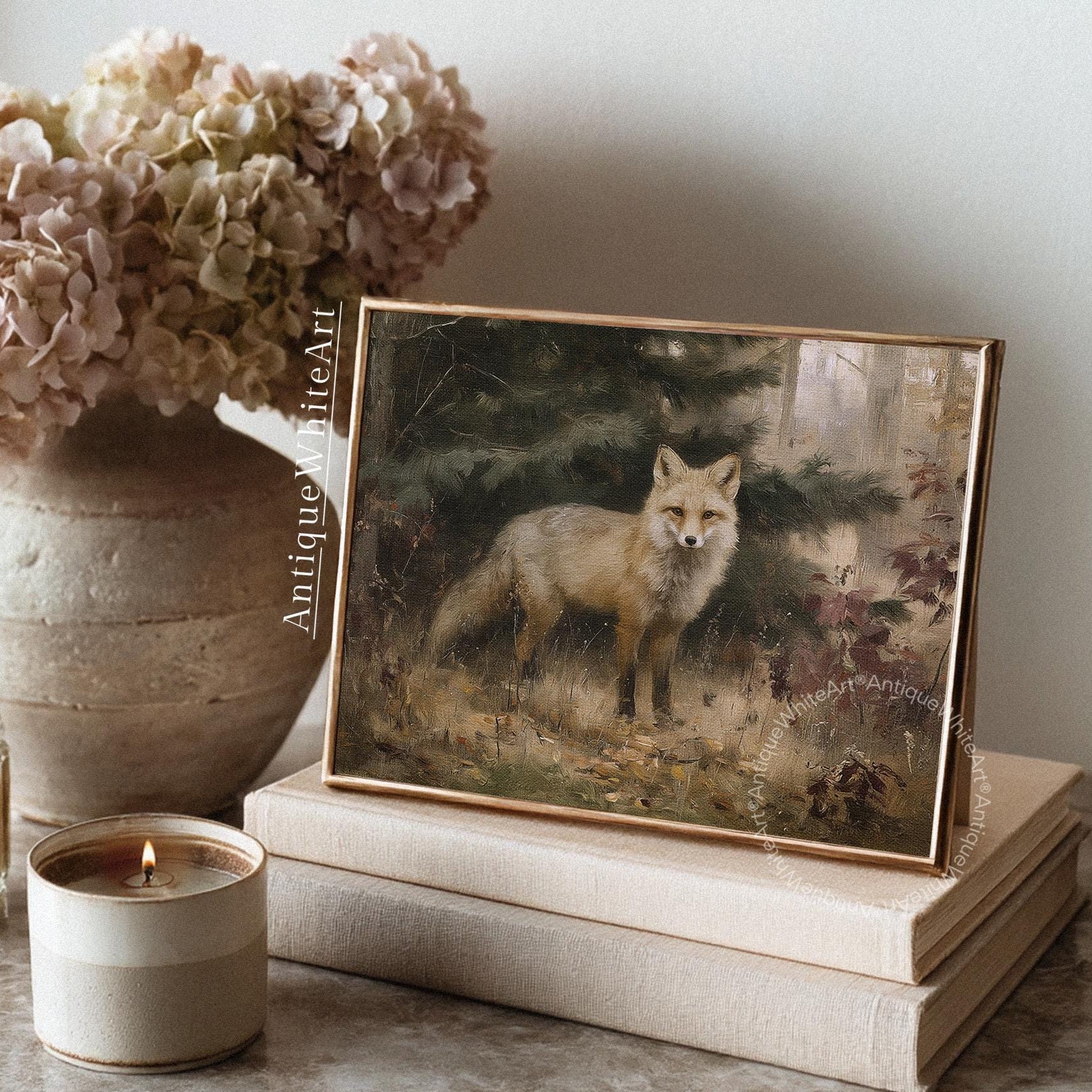 fox in Fall Landscape Painting Woodland Autumn Wall Decor Print Moody Forest A480 Art