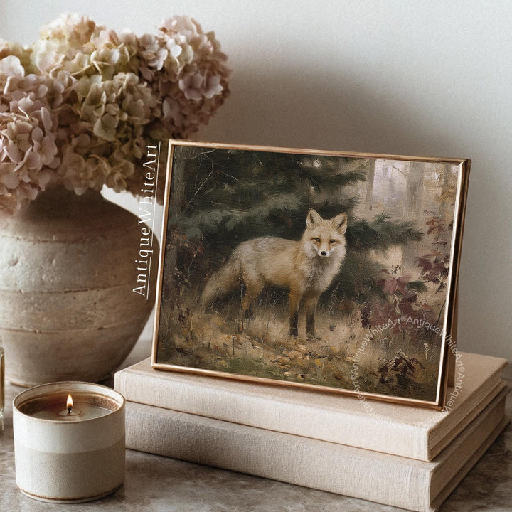 fox in Fall Landscape Painting Woodland Autumn Wall Decor Print Moody Forest A480 Art