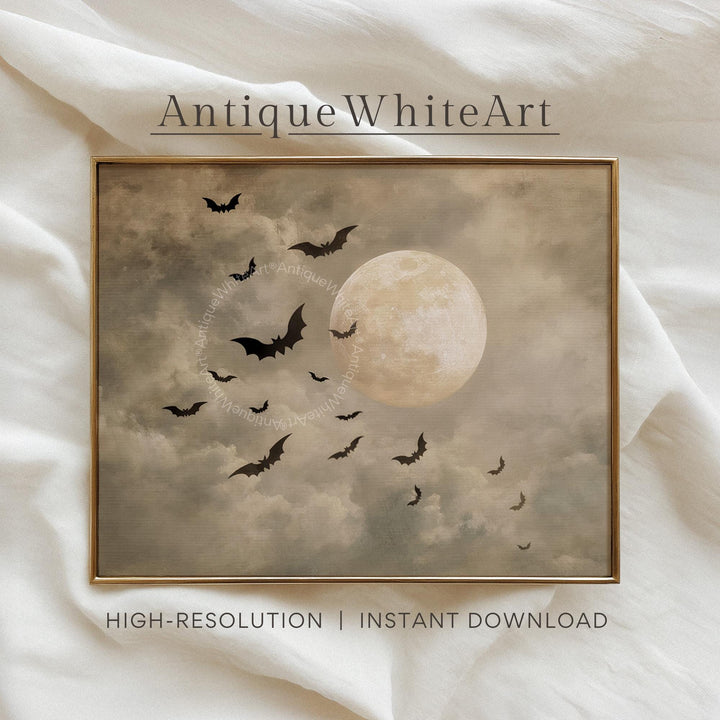 Vintage Style Fall Wall Art Neutral Halloween Bat Prints Clouds Spooky Decor A495 Print