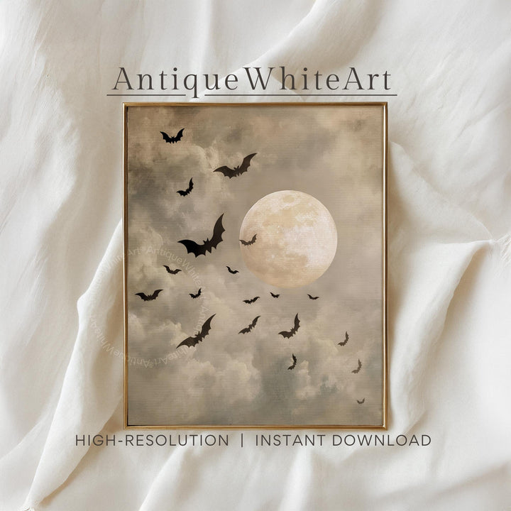 Vintage Style Fall Wall Art Neutral Halloween Bat Prints Clouds Spooky Decor A529 Print
