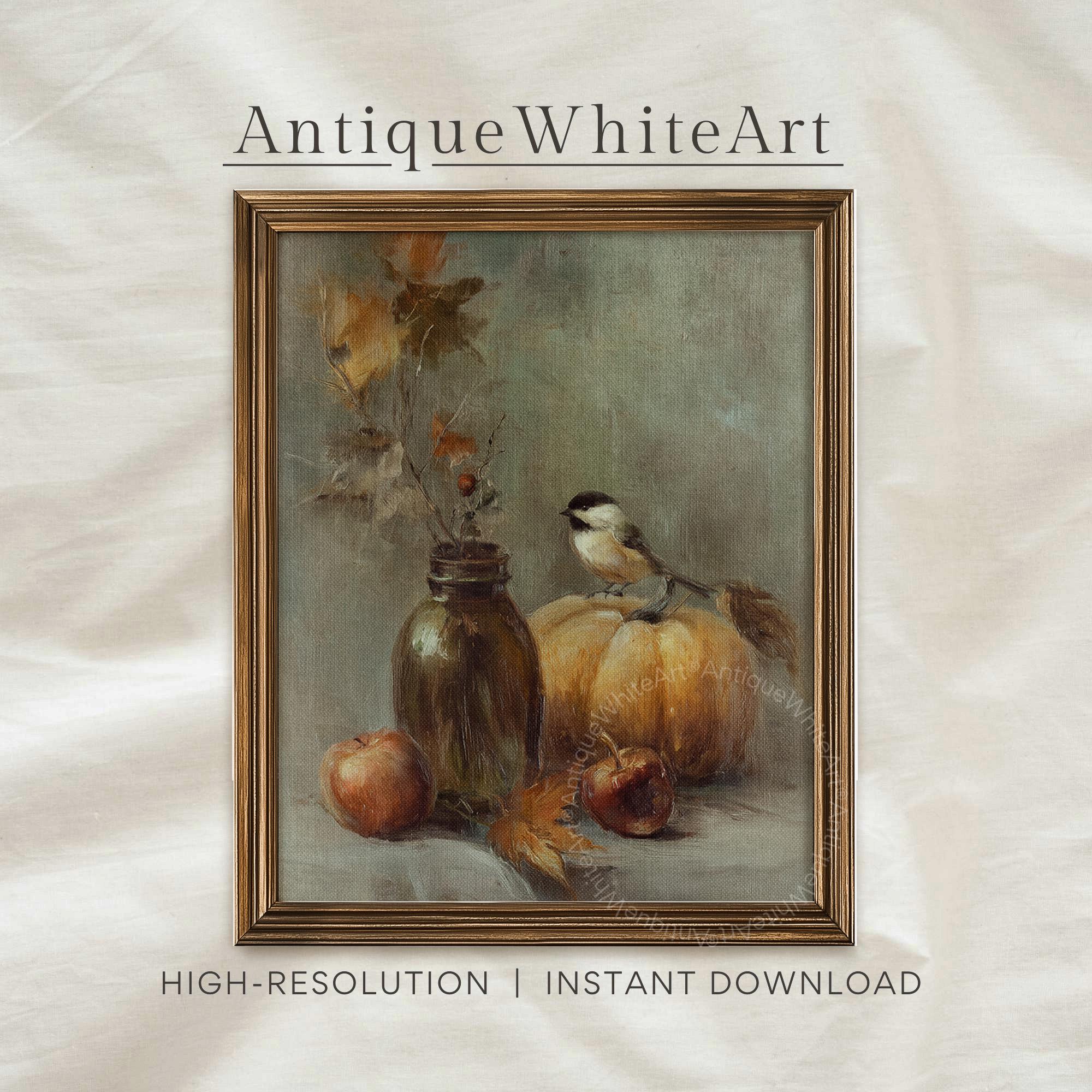 Moody Still Life with Pumpkin Wall Art Fall Oil Painting Halloween Print Bird A532