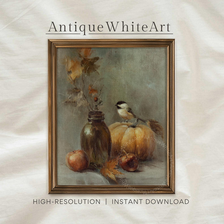 Moody Still Life with Pumpkin Wall Art Fall Oil Painting Halloween Print Bird A532
