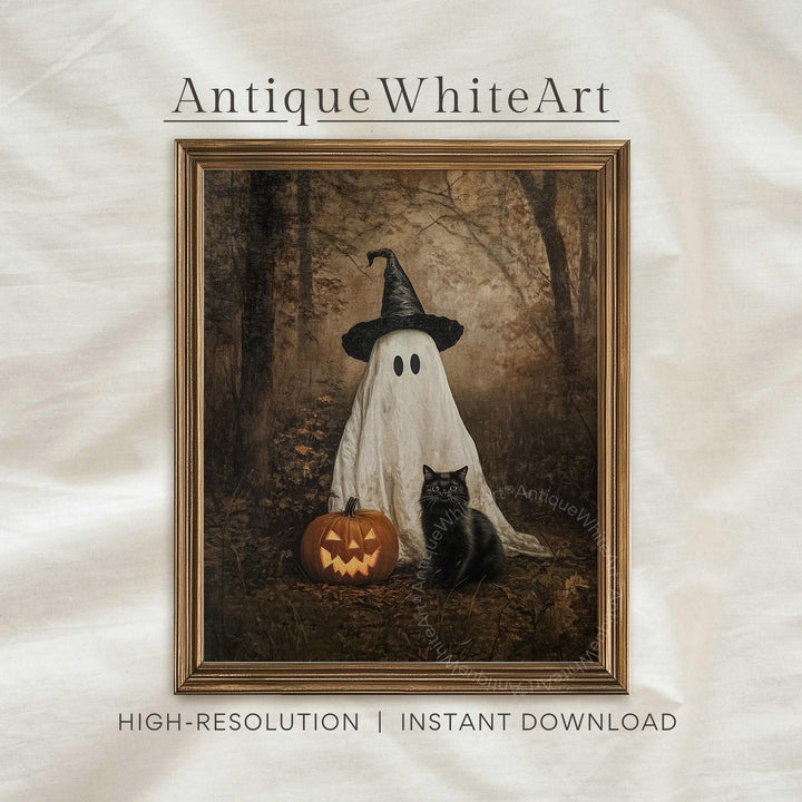 Vintage Style Halloween Print Cute Ghost & Black Cat in Dark Fall Forest Wall Art Spooky Witchy Moody A531