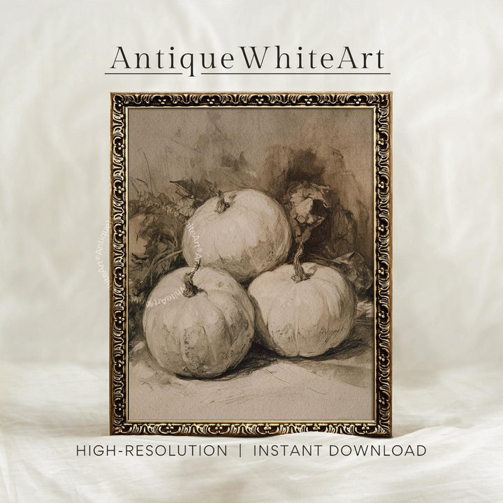 Pumpkin Sketch Print Vintage Style Neutral Fall Wall Art Rustic Still Life Beige Halloween Decor Drawing A482
