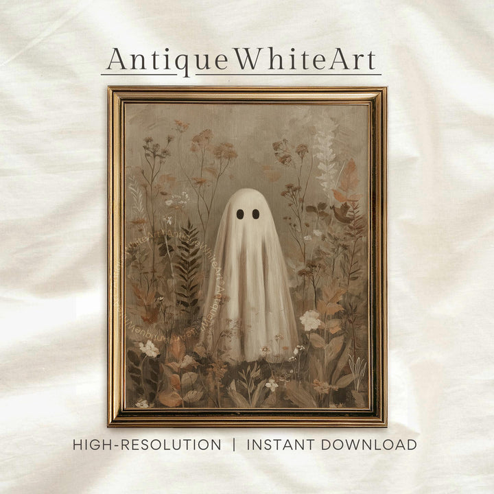 Cute Ghost Among Wildflowers Beige Floral Halloween Wall Art Neutral Vintage Style Print Spooky Decor Fall Prints A540