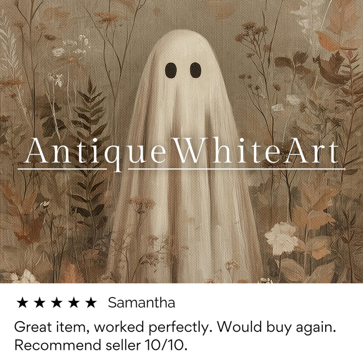 Cute Ghost Among Wildflowers Beige Floral Halloween Wall Art Neutral Vintage Style Print Spooky Decor Fall Prints A540