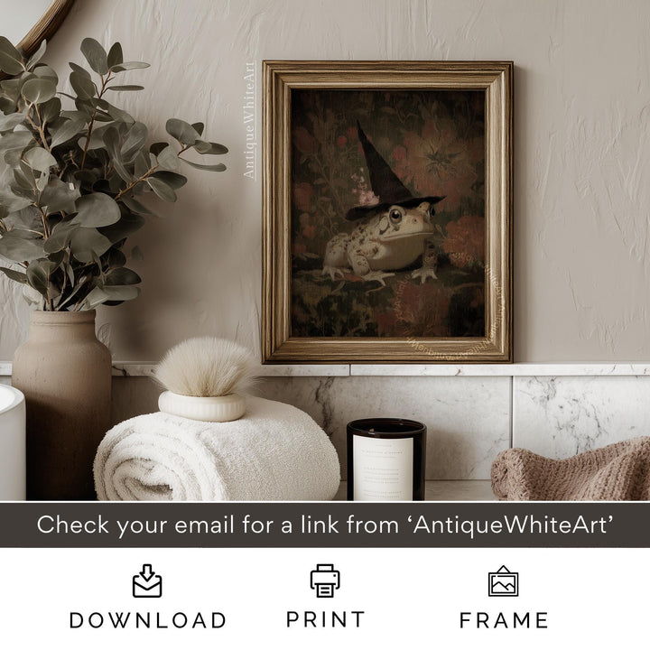 Vintage Style Witch Toad Art Print Whimsical Halloween Decor Dark Botanical Frog Wall Witchy A543