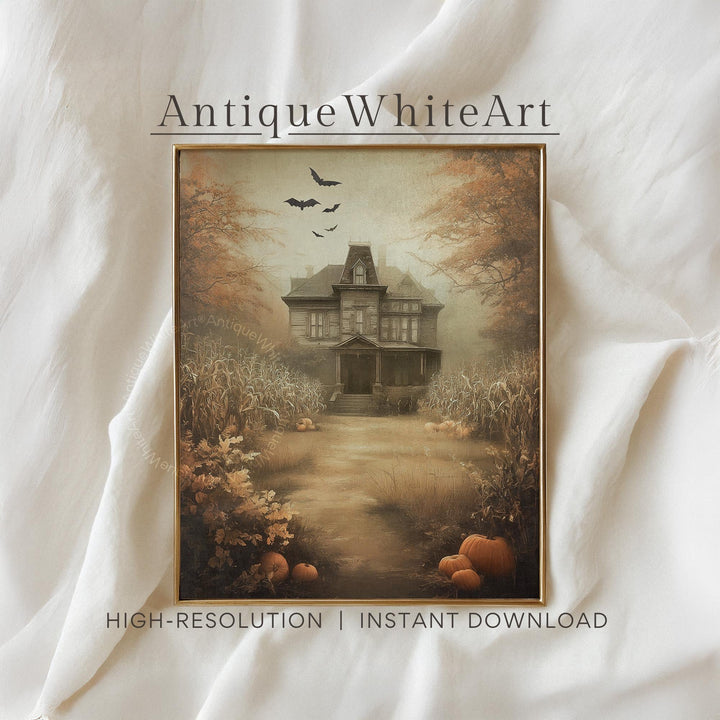 Haunted House Halloween Print Vintage Style Spooky Fall Wall Art Gothic Autumn Decor Pumpkin Path Illustration Dark October A544