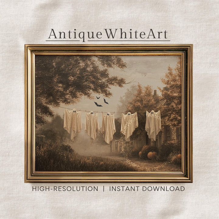 Cute Ghost Halloween Print Vintage Style Spooky Wall Art Laundry Fall Decor Whimsical Autumn Rustic A546