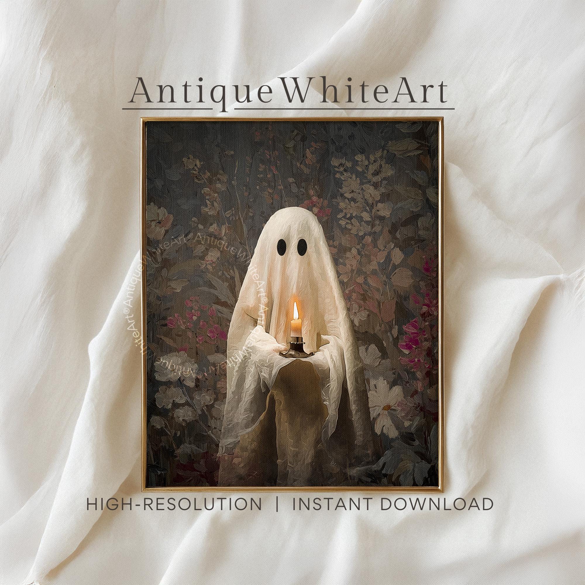 Cute Ghost Holding Candle Wall Art Halloween Print Painting Spooky Moody Dark Academia Decor A485