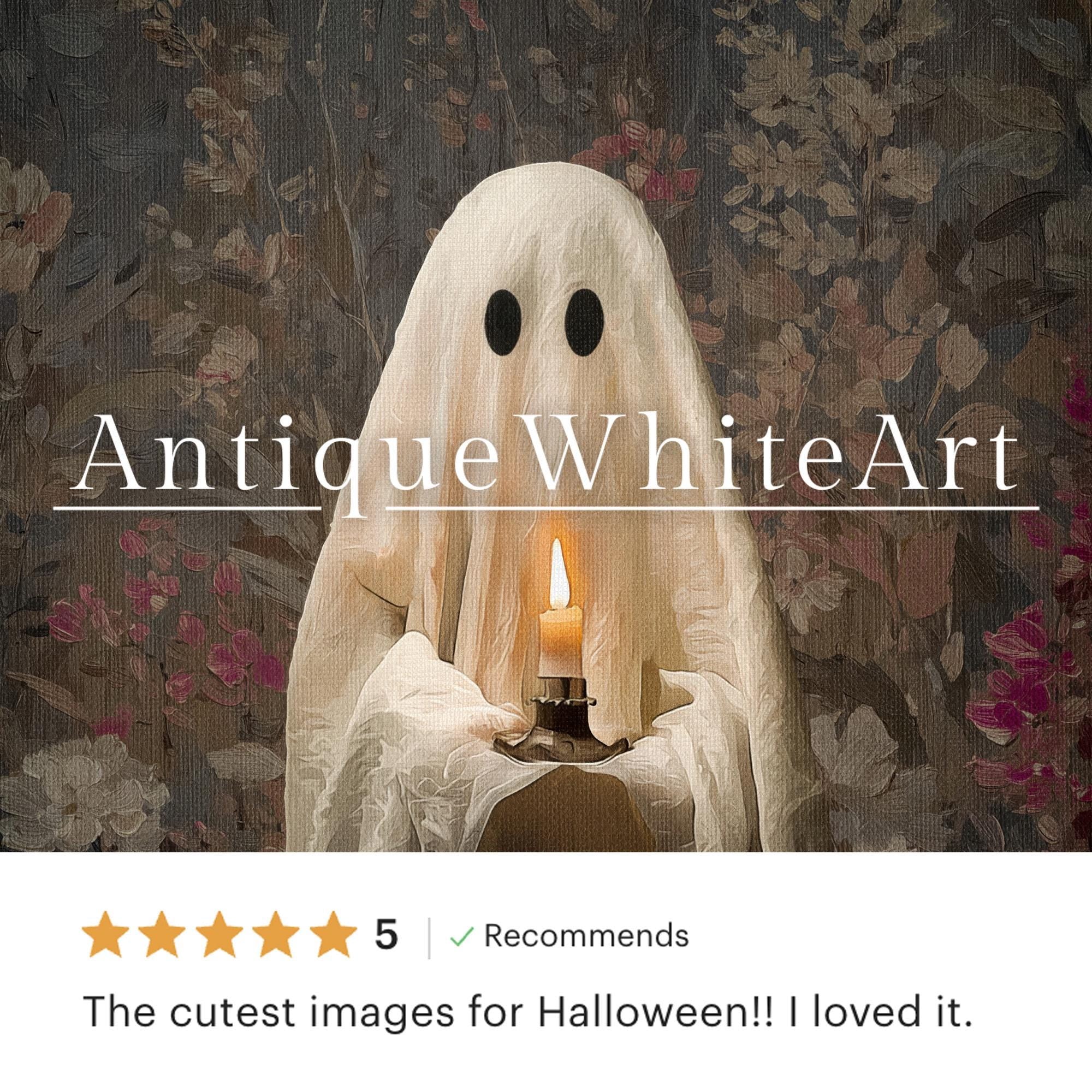 Cute Ghost Holding Candle Wall Art Halloween Print Painting Spooky Moody Dark Academia Decor A485