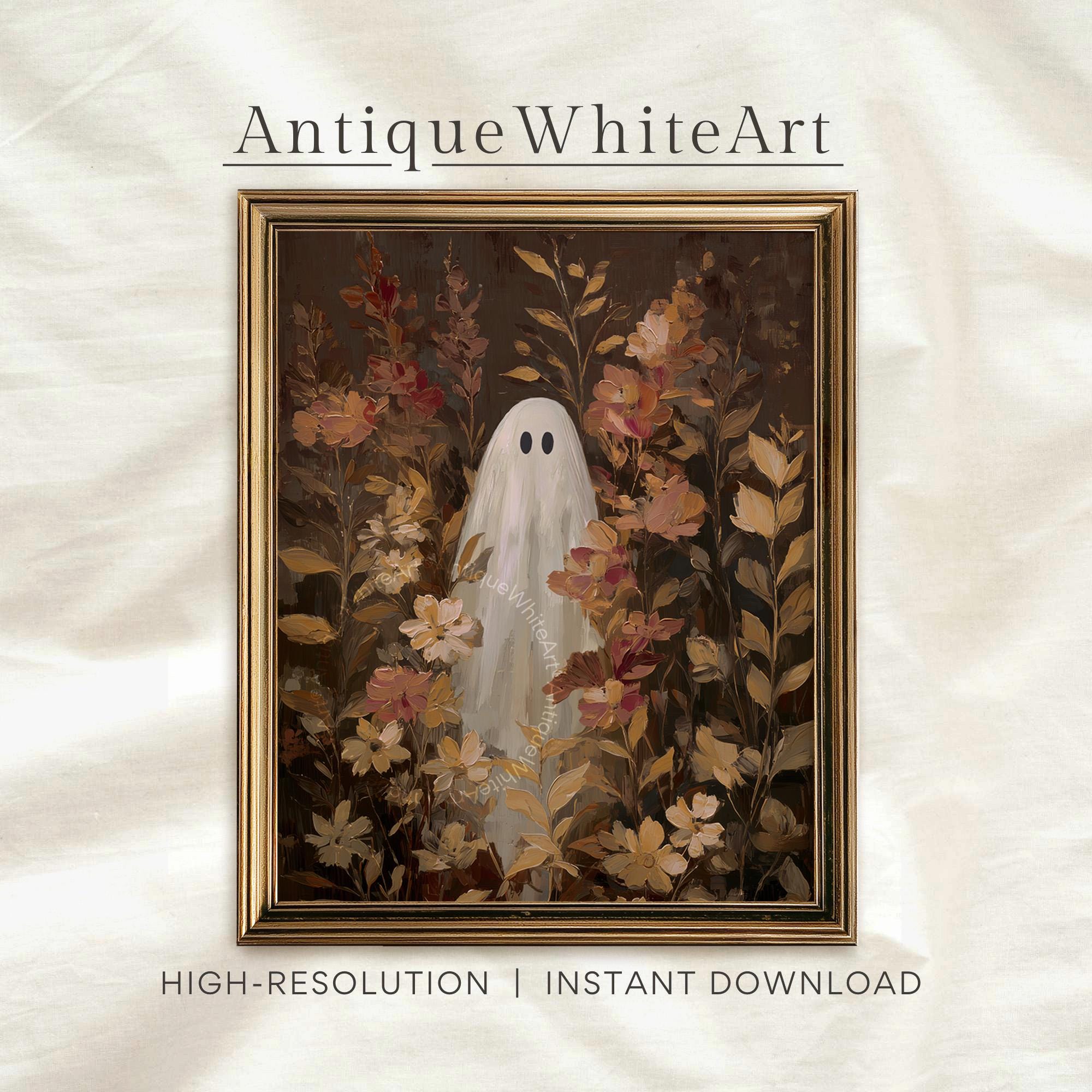 Ghost in a Wildflower Field Moody Floral Halloween Wall Art Vintage Style Botanical Print Spooky Painting Fall Prints A552