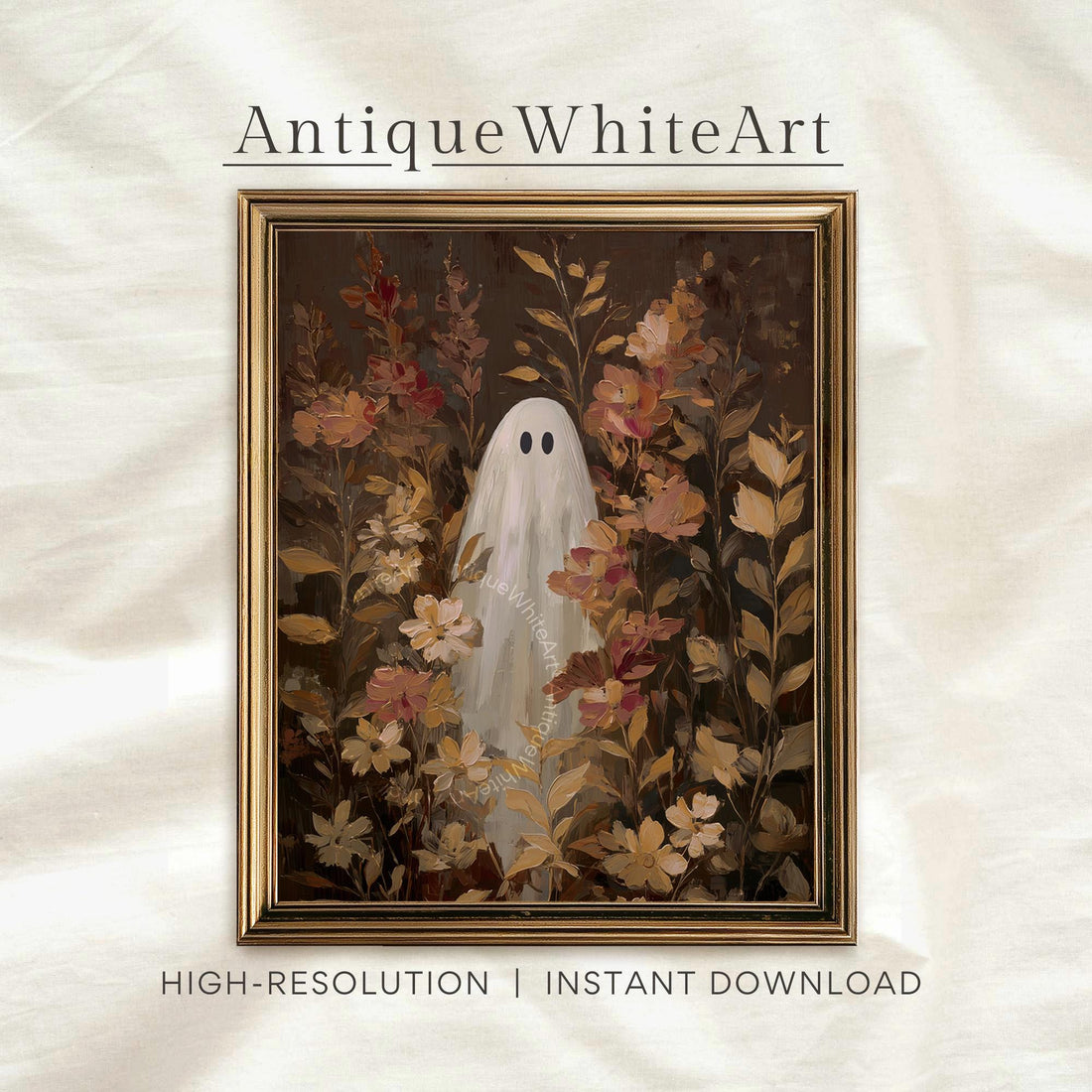 Ghost in a Wildflower Field Moody Floral Halloween Wall Art Vintage Style Botanical Print Spooky Painting Fall Prints A552