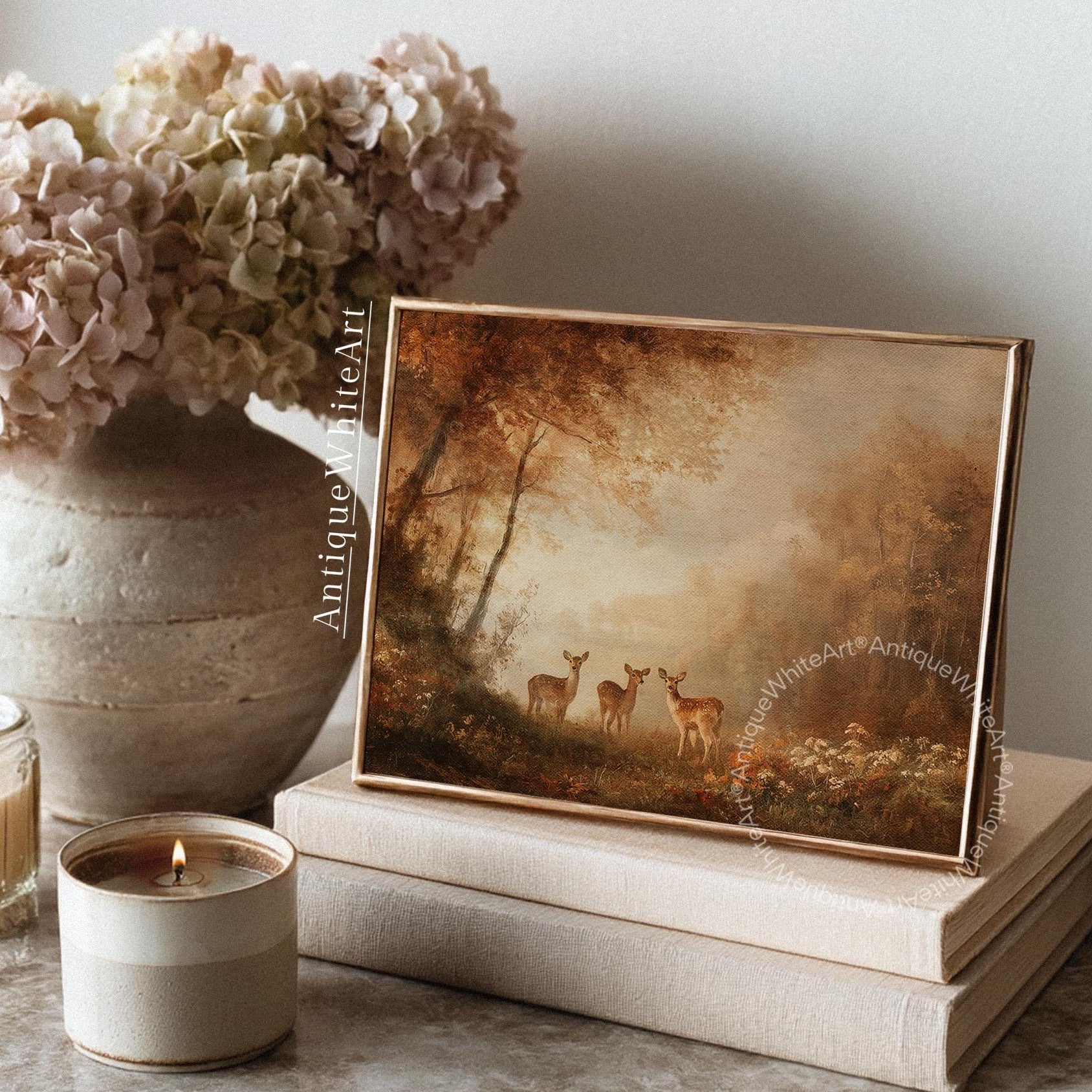 Fall Wall Art Neutral Autumn Landscape Print Baby Deer Painting Seasonal Decor A553