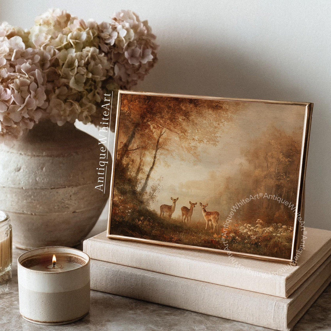 Fall Wall Art Neutral Autumn Landscape Print Baby Deer Painting Seasonal Decor A553