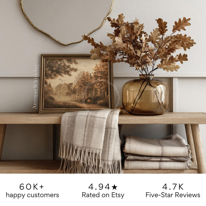 Vintage Style Fall Wall Art Warm-Toned Halloween Misty Town Eerie Landscape Spooky Decor A554 Print