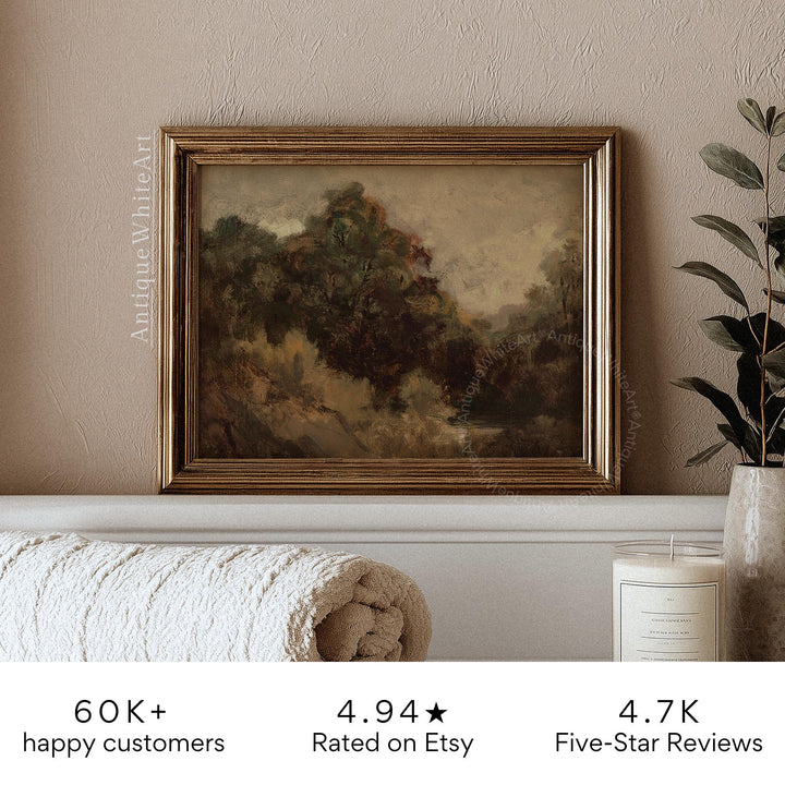 Dark Moody Fall Landscape Print Vintage Style Rustic Oil Painting Wall Art Farmhouse Autumn A555