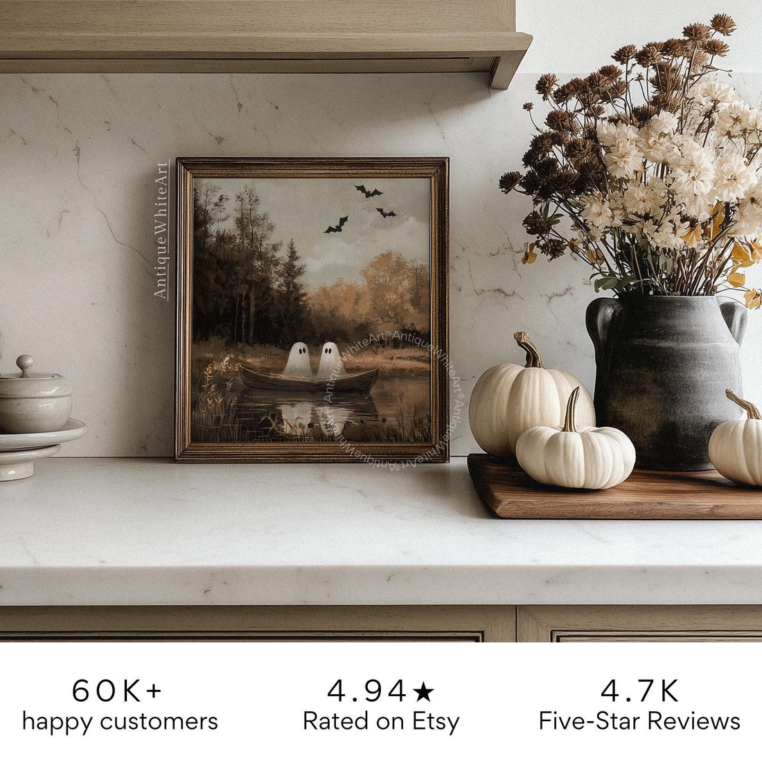 Cute Ghosts in a Boat Wall Art Halloween Print Autumn Painting Spooky Ghost Moody Fall Decor A487