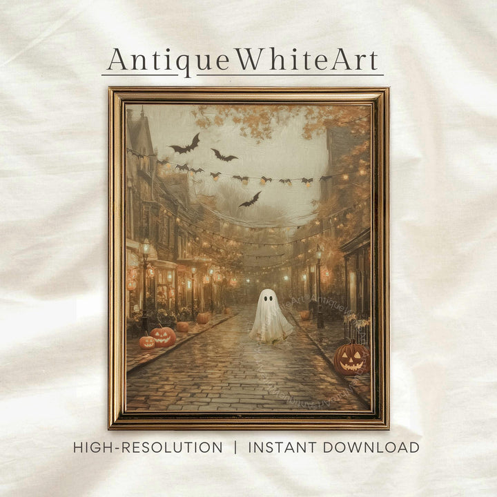 Vintage Style Halloween Wall Art Warm-Toned Fall Prints Ghost & Pumpkins Spooky Street Autumn Home Decor A558 Print