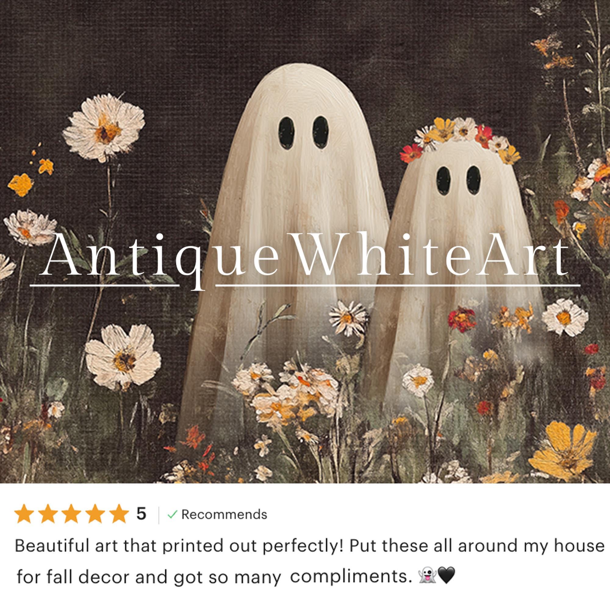 Cute Ghost Couple in Wildflower Field Vintage Style Halloween Wall Art Spooky Floral Whimsical A559 Print