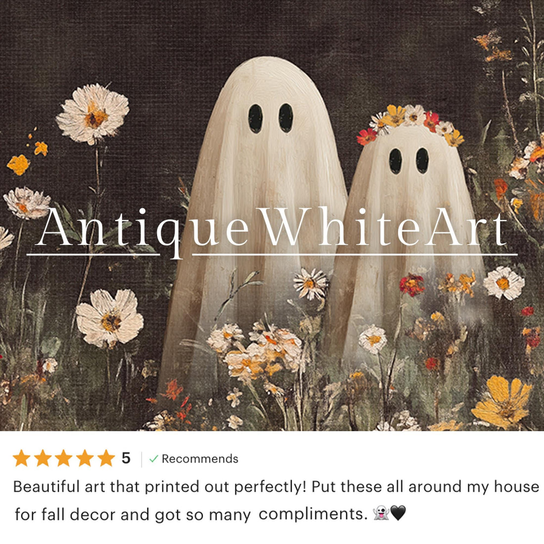 Cute Ghost Couple in Wildflower Field Vintage Style Halloween Wall Art Spooky Floral Whimsical A559 Print