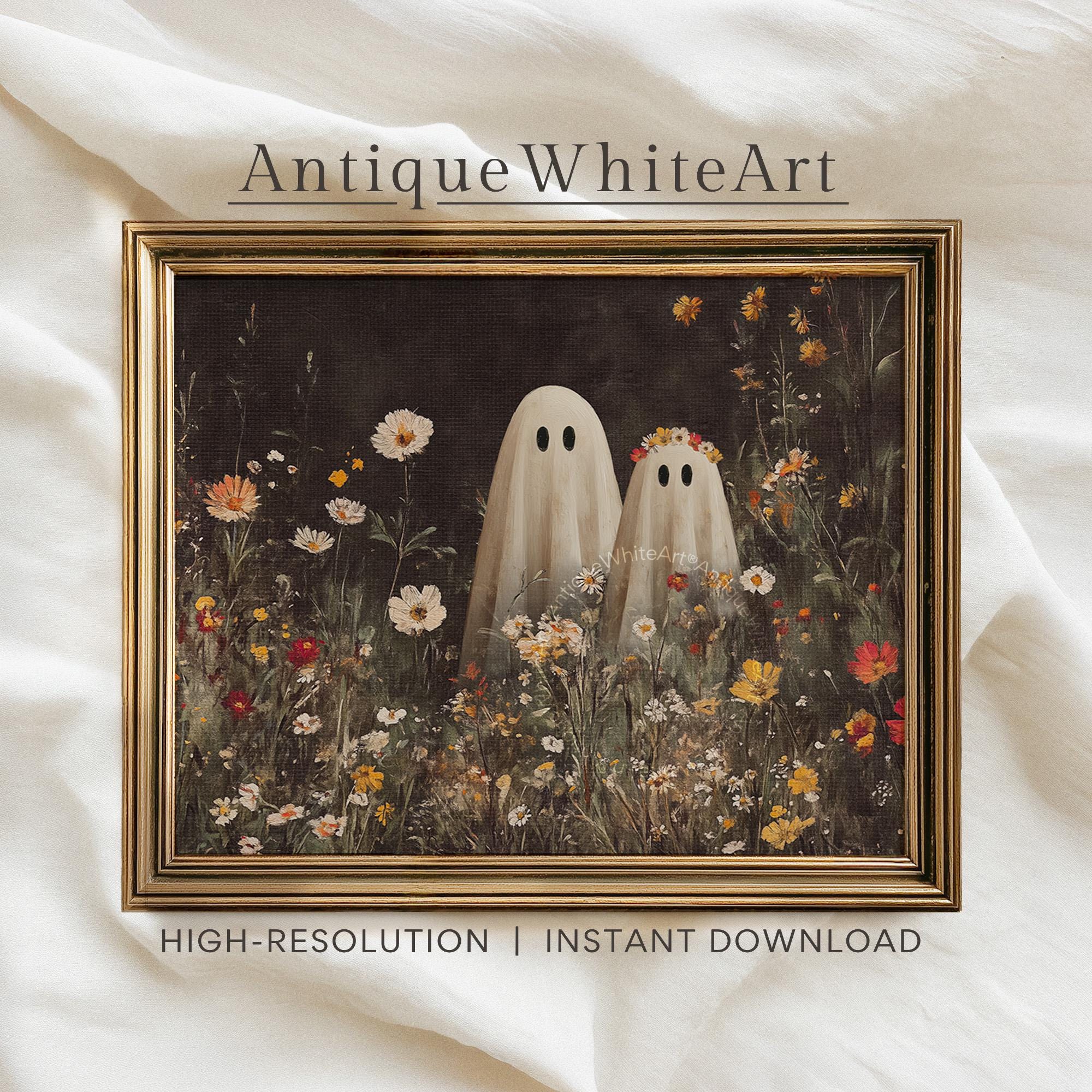 Cute Ghost Couple in Wildflower Field Vintage Style Halloween Wall Art Spooky Floral Whimsical A559 Print