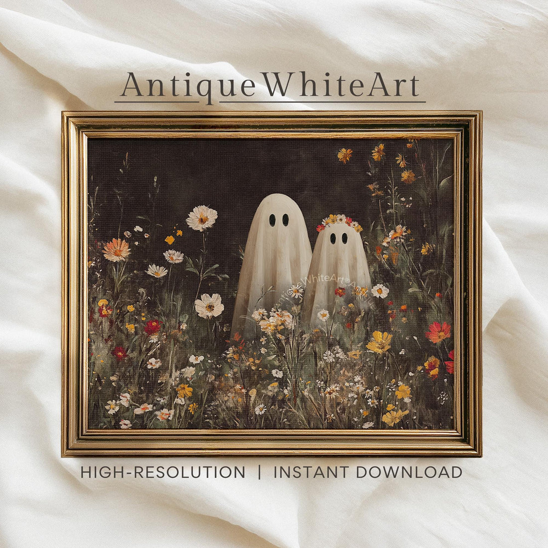 Cute Ghost Couple in Wildflower Field Vintage Style Halloween Wall Art Spooky Floral Whimsical A559 Print