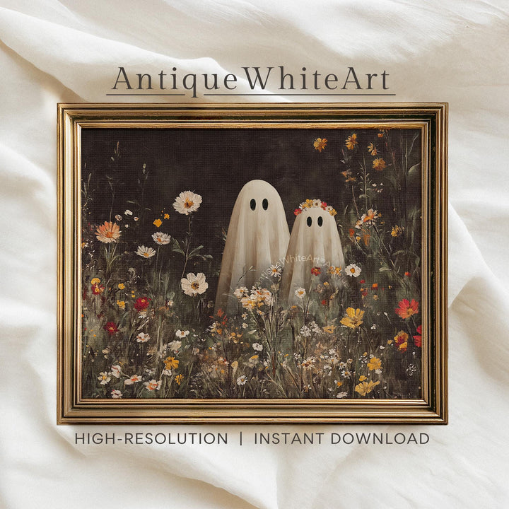 Cute Ghost Couple in Wildflower Field Vintage Style Halloween Wall Art Spooky Floral Whimsical A559 Print