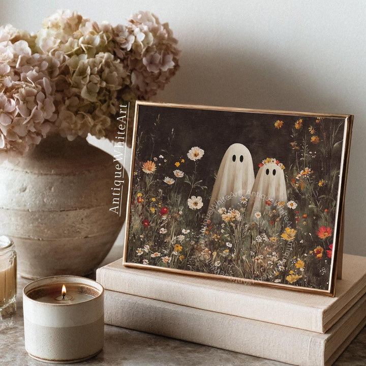 Cute Ghost Couple in Wildflower Field Vintage Style Halloween Wall Art Spooky Floral Whimsical A559 Print