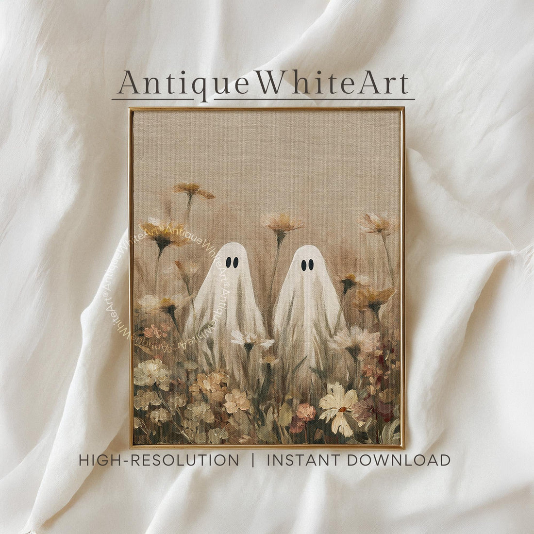 Ghosts in a Wildflower Field Neutral Halloween Wall Art Vintage Style Print Spooky Fall Painting Moody Prints A489